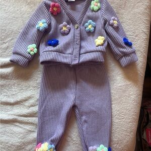 Purple Knit Baby Outfit with Floral Accents